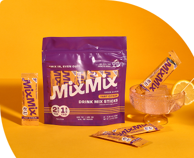 Purple Mixmix drink mix packaging on a yellow background
