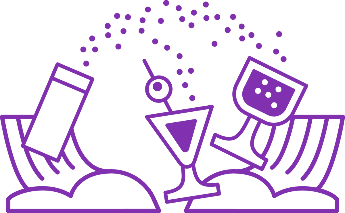 Purple icon of a cocktail glass with a straw and ice cubes on a white background
