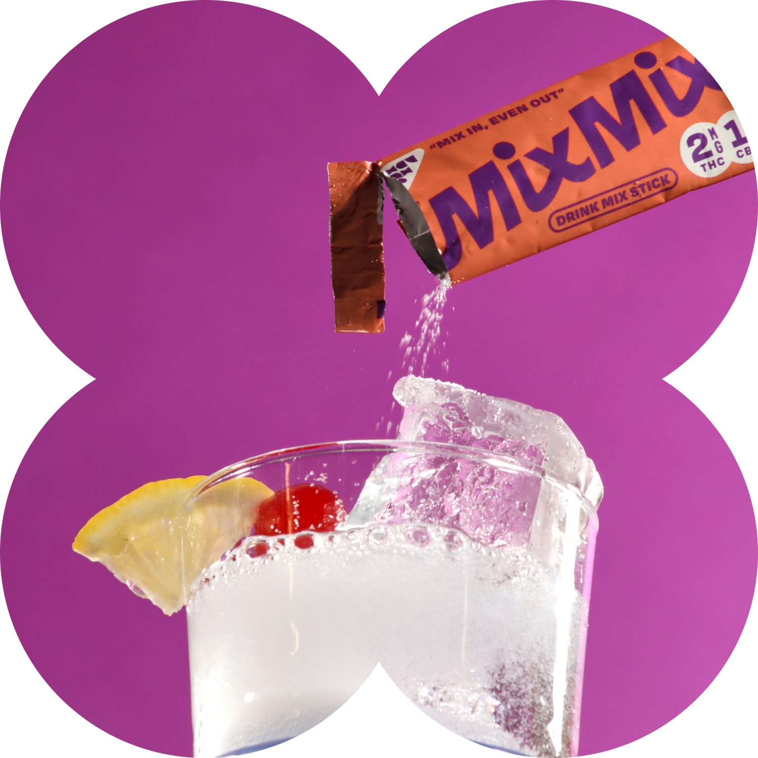 MixMix drink mix stick being poured into a glass with lemon and cherry garnish on a purple background