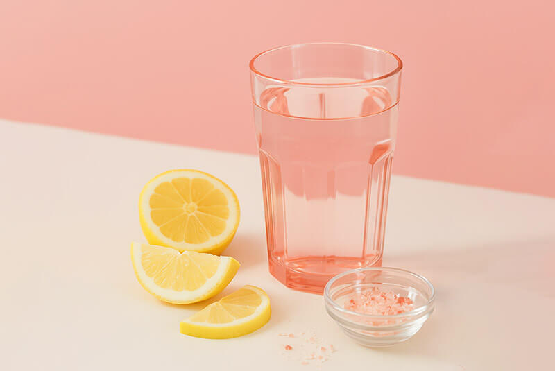 Glass of water with lemon slices and pink salt on a light pink background