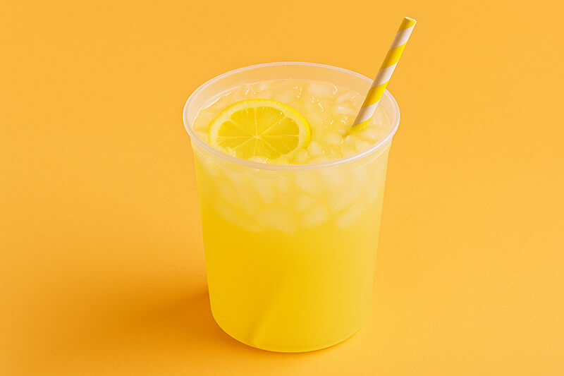 Clear plastic cup with yellow lemonade, a slice of lemon, and a yellow straw on an orange background