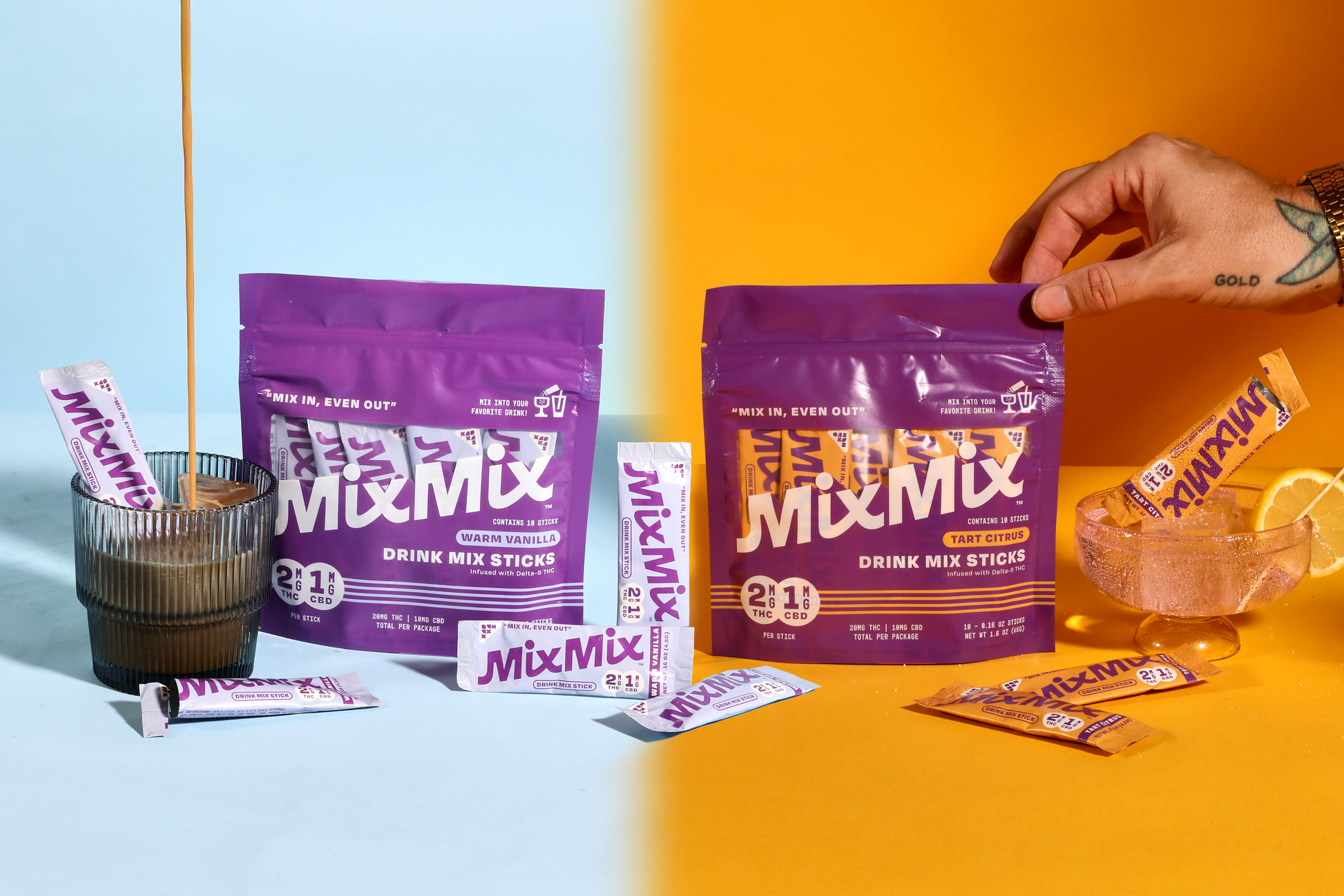 MixMix drink mix packaging and sticks on a colorful background
