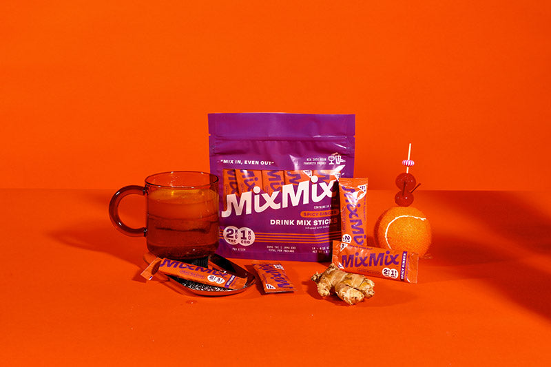 MixMix drink mix sticks and packaging with a cup on an orange background